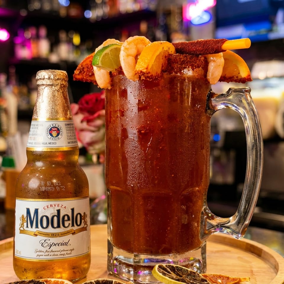 Modelo beer bottle and a michelada with shrimp, lime, and orange on a wooden tray at a bar.